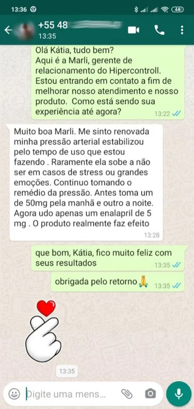 Print WhatsApp: Kátia relata que pressão arterial estabilizou e reduziu Enalapril de 50mg para 5mg com Hipercontroll