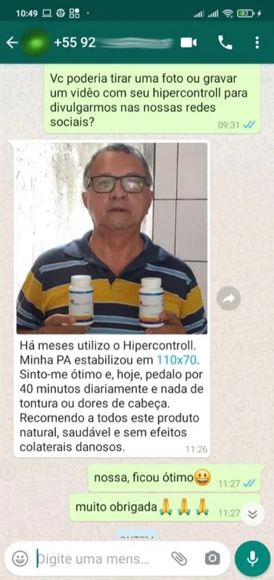 Print WhatsApp: Raimundo do Amazonas relata que pressão estabilizou em 110x70 e pedala 40 minutos por dia
