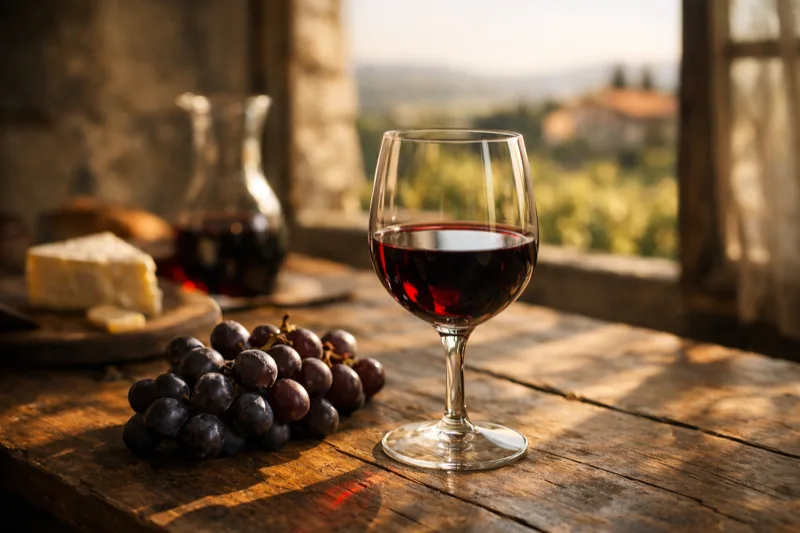 Taça de vinho tinto e uvas roxas em mesa rústica com vinhedo francês ao fundo — o Paradoxo Francês e a longevidade