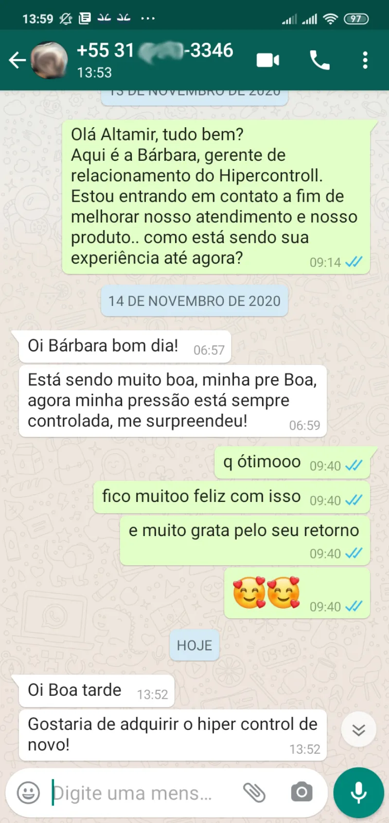 Print WhatsApp: Altamir Maurílio de Ipatinga MG relata que pressão está sempre controlada com Hipercontroll