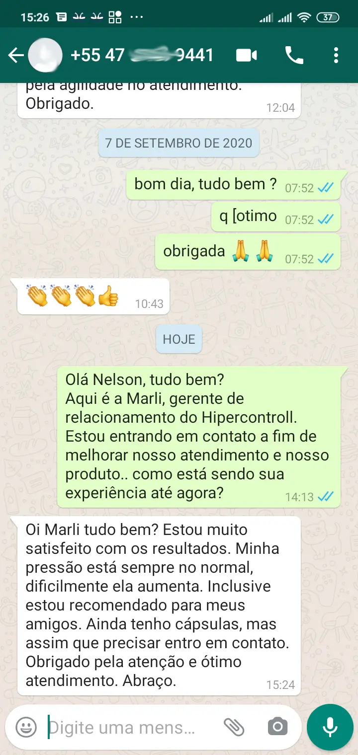 Print WhatsApp: Nelson de Santa Catarina relata melhora na pressão arterial com Hipercontroll