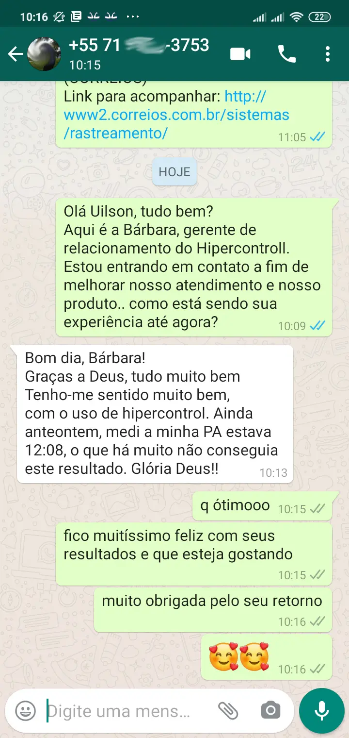 Print WhatsApp: Uilson da Bahia relata melhora na pressão arterial com Hipercontroll