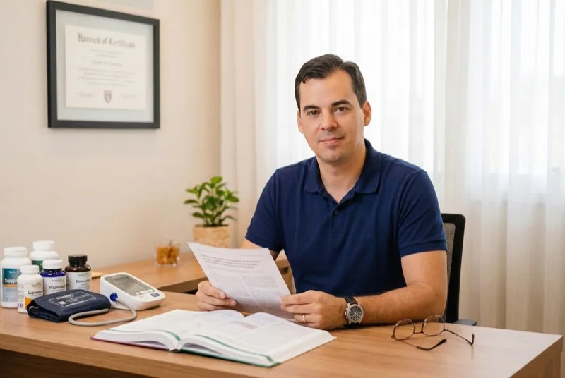 Gutierre Menezes biólogo certificado por Harvard no consultório de saúde integrativa com suplementos e certificado