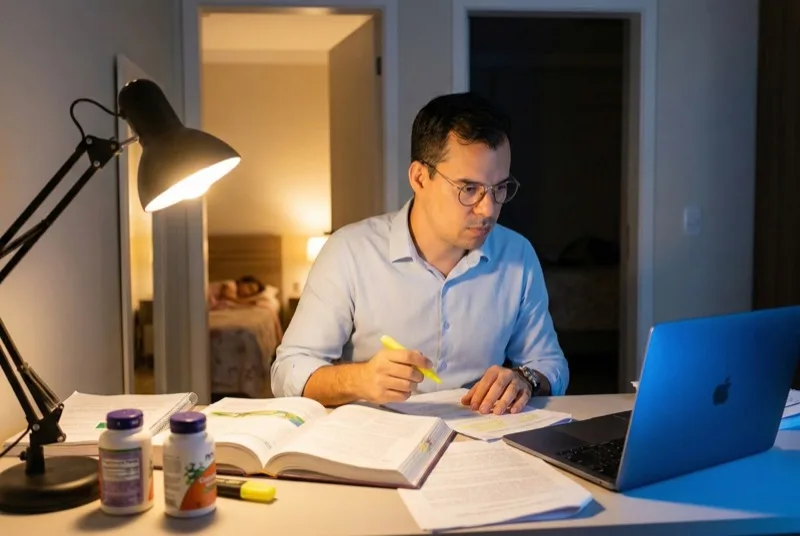 Gutierre Menezes estudando saúde do filho à noite com livros de medicina e suplementos na mesa