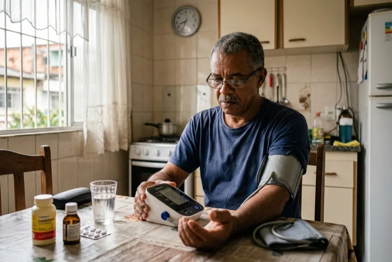 Homem idoso brasileiro medindo pressão arterial em casa com aparelho digital na cozinha