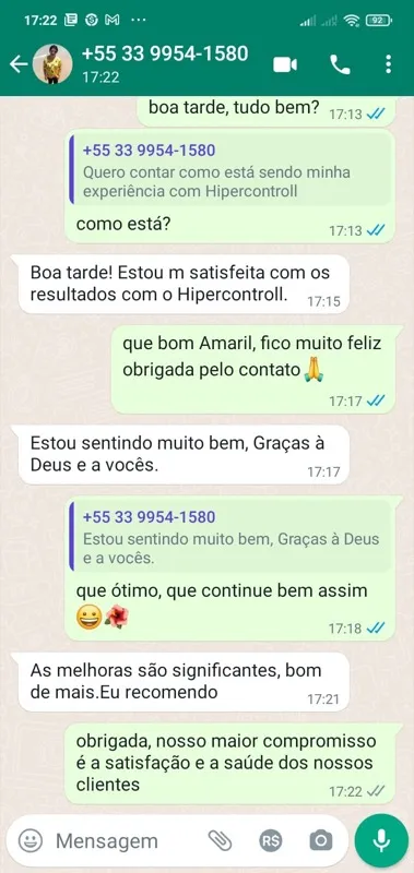 Print WhatsApp: Amaril de Minas Gerais relata resultados fantásticos com Hipercontroll