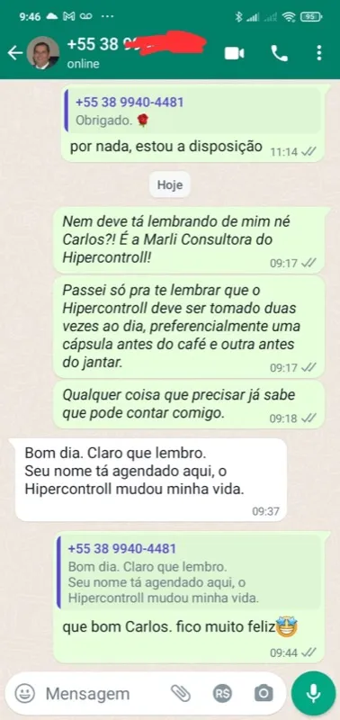 Print WhatsApp: Carlos de Minas Gerais relata que Hipercontroll mudou sua vida