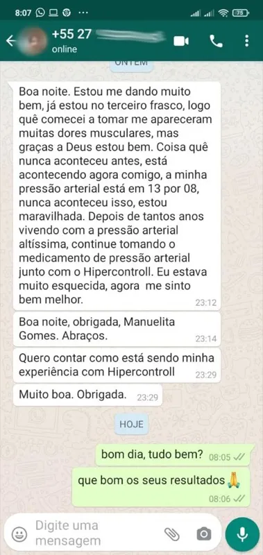 Print WhatsApp: Manuelita do Espírito Santo relata pressão arterial controlada em 13x8 com Hipercontroll