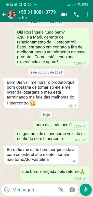 Print WhatsApp: Rosângela de Minas Gerais relata que não toma mais Atorvastatina após usar Hipercontroll