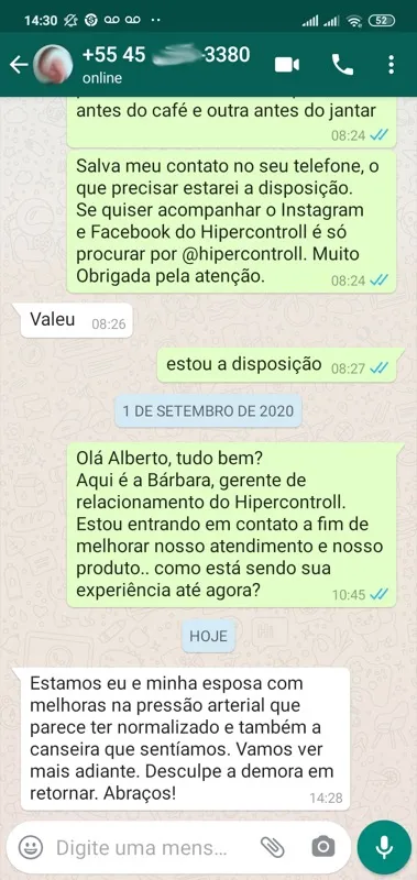Print WhatsApp: Alberto do Paraná relata que ele e a esposa tiveram melhoras na pressão arterial que parece ter normalizado