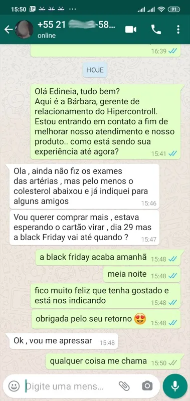 Print WhatsApp: Edineia do Rio de Janeiro relata que colesterol abaixou e já indicou para amigos