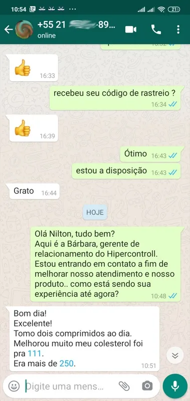 Print WhatsApp: Nilton do Rio de Janeiro relata que colesterol caiu de mais de 250 para 111 com Hipercontroll
