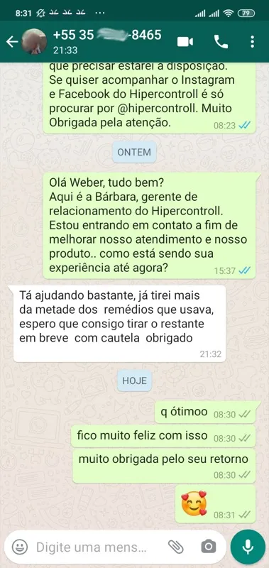 Print WhatsApp: Weber de Minas Gerais relata que já tirou mais da metade dos remédios que usava após usar Hipercontroll